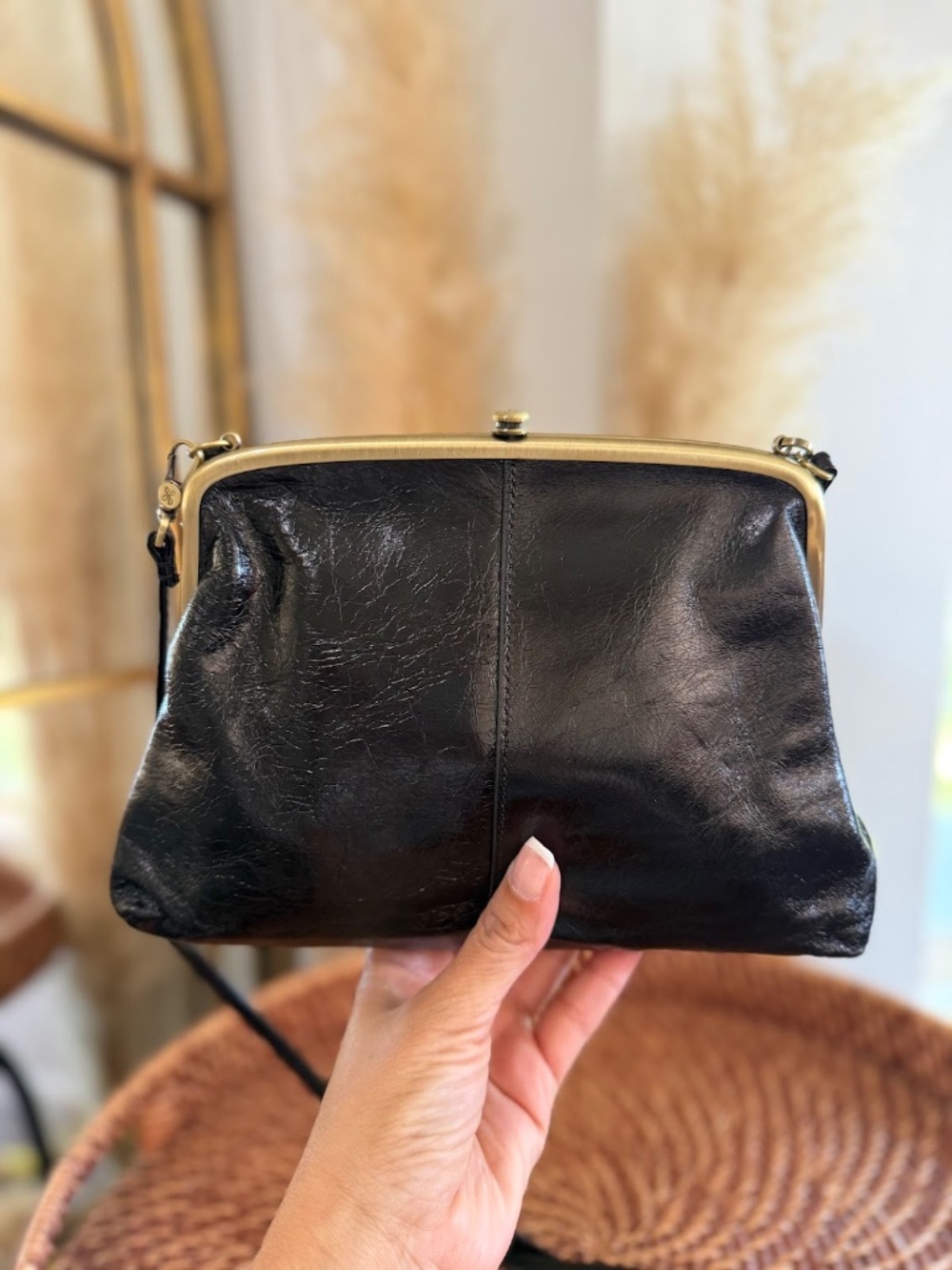 HOBO Women's Black Leather Lana Kisslock Crossbody Bag Convertible Clutch Purse